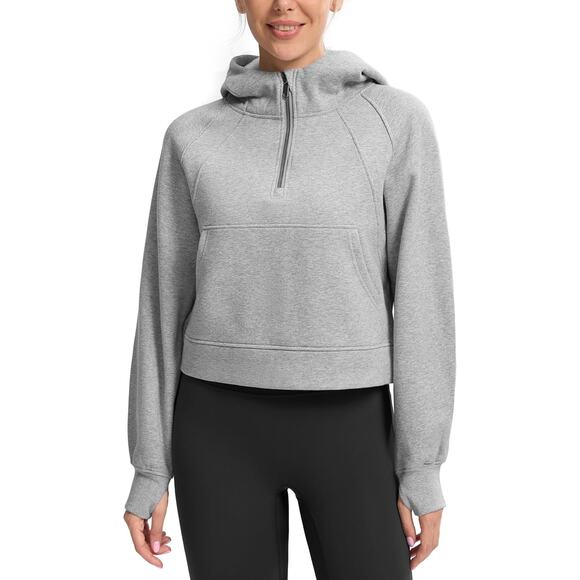 New Size Large Fleece Lined, Half Zip, Cropped Sweatshirt Hoodie with Pockets - Picture 1 of 6